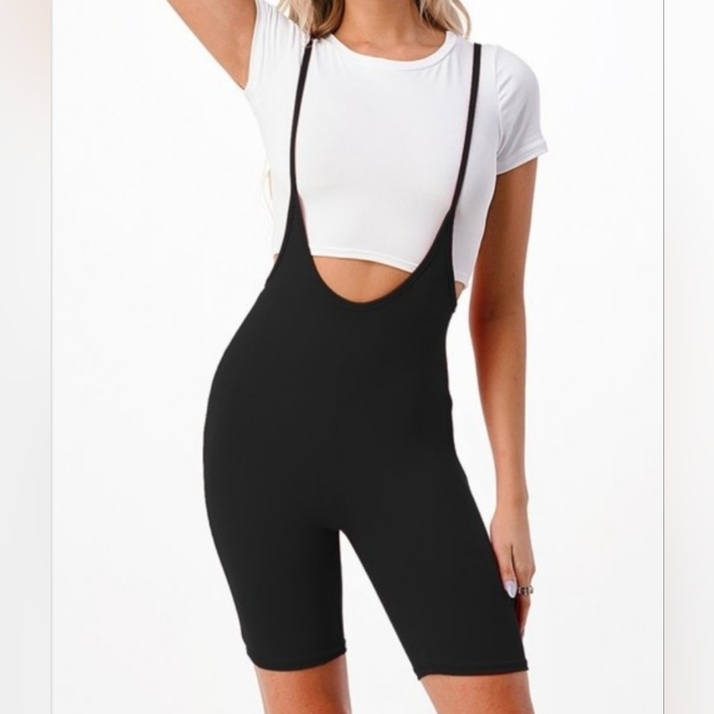 2 Piece Set Seamless Romper Jumpsuit Biker Shorts Black